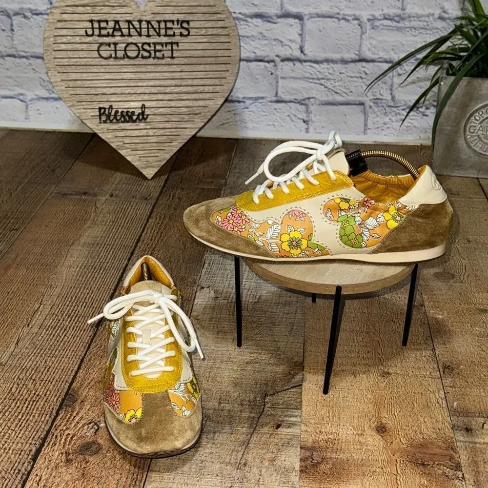 Tory Burch Serif Floral Leather Sneakers Yellow 8.5 rare